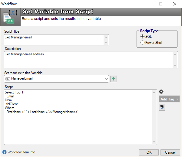 workflow set variable from database sql script